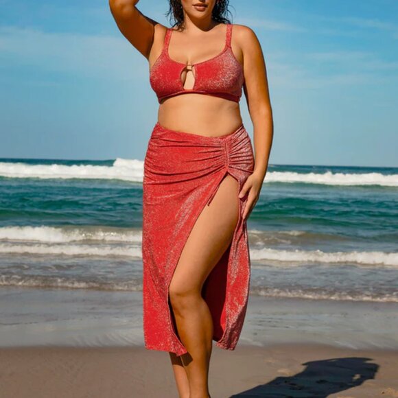 Berlook Red Lurex Plus Size Cover-Up | Size 16 | 1X | NWT | Twist Detail - Picture 1 of 4